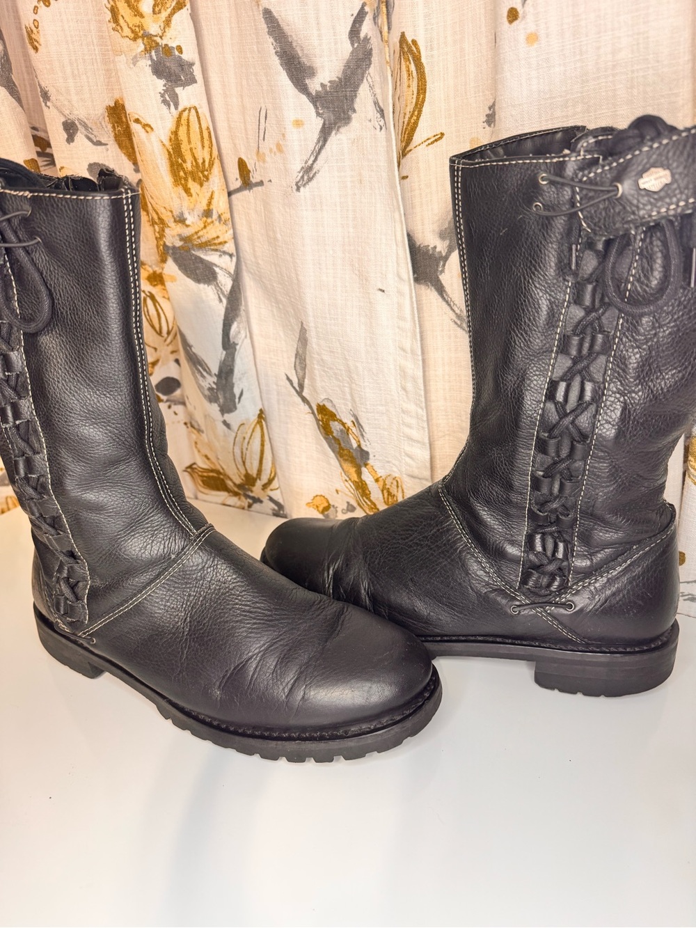 Harley-Davidson Black Leather Lace-Up Mid-Calf Boots